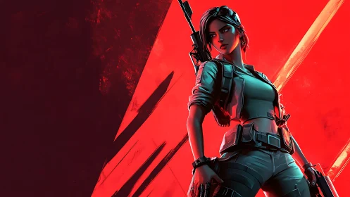 Armed female soldier stands against bold red graphic backdrop