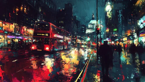 Cozy London night with glowing buses and rainlit streets.