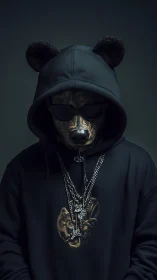 Mysterious bear-hooded figure stands in bold streetwear style