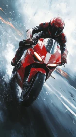 Red superbike races through rain in a cinematic speed rush