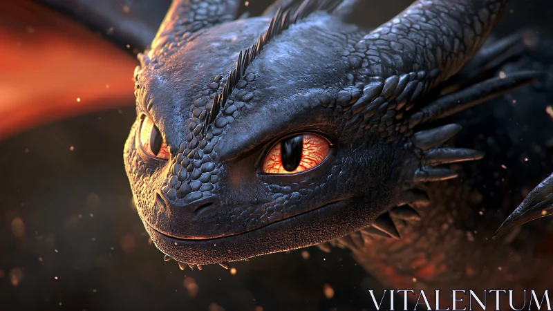 Gentle dragon gazes forward with glowing, curious eyes