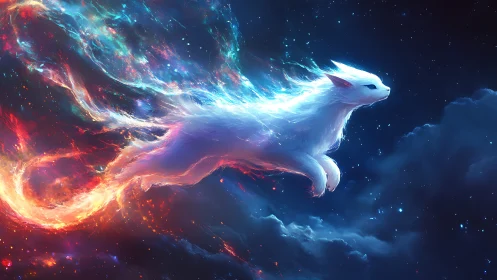 Stellar fox spirit streaking through nebulae with plasma tail
