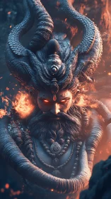 Mythic stone deity figure with fiery eyes and coiled serpent