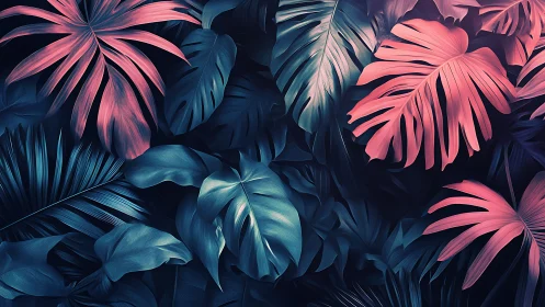 Neon cyan and coral tropical foliage forms a cinematic canopy