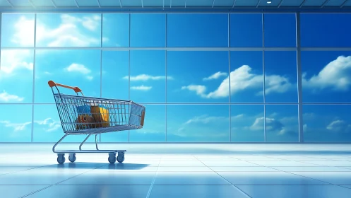 Shopping cart stands alone before bright glass window wall