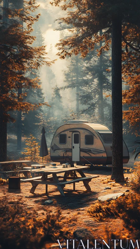 Forest Campground Trailer with Autumn Foliage and Golden Hour Lighting