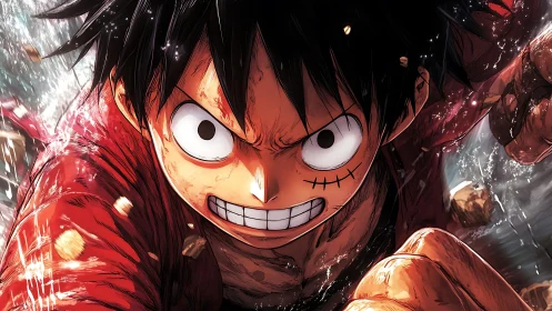 Straw-hatted fighter charges forward through crashing waves.