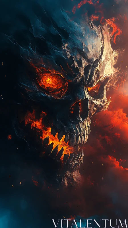 Fiery skull spirit emerging from swirling inferno clouds.