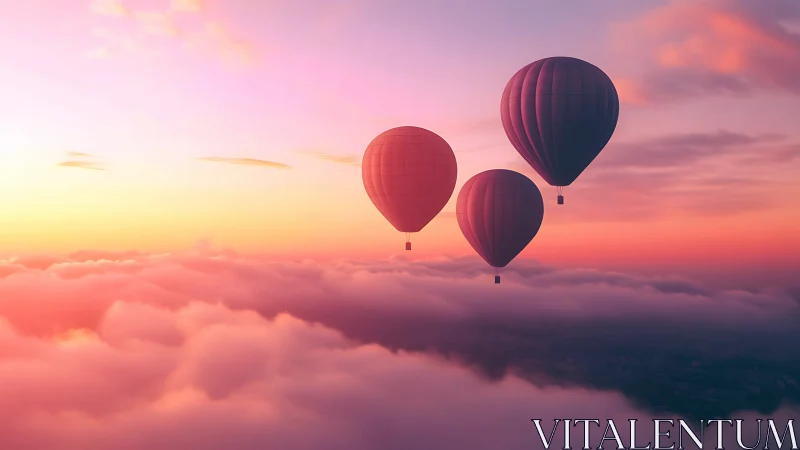 Sunrise ascent of hot air balloons above pastel clouds.
