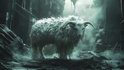 Ram standing in foggy ruined urban alley with debris around.