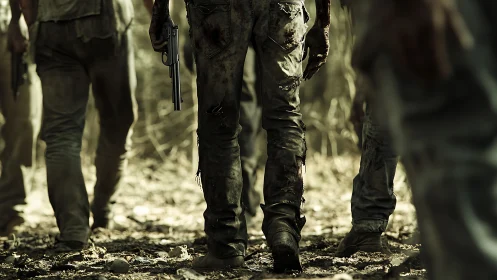 Gun-torn wanderers stalk a sunburnt, dust-choked wasteland.