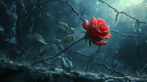 Rain-soaked rebel rose leans through broken wire and glows