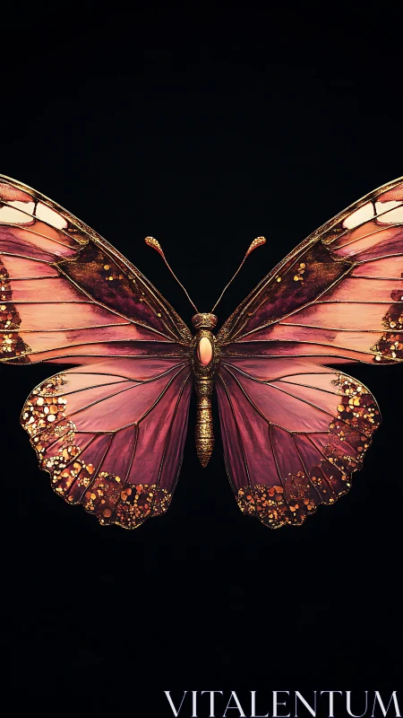 Iridescent ruby butterfly with gilded wings on black field.