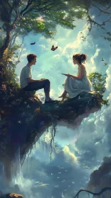 Two figures seated on suspended rock formation overlooking cloud landscape.