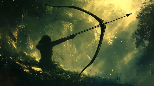Silhouetted forest archer draws bow amid glowing mist