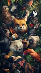 Fox and diverse wildlife merge inside dense forest foliage