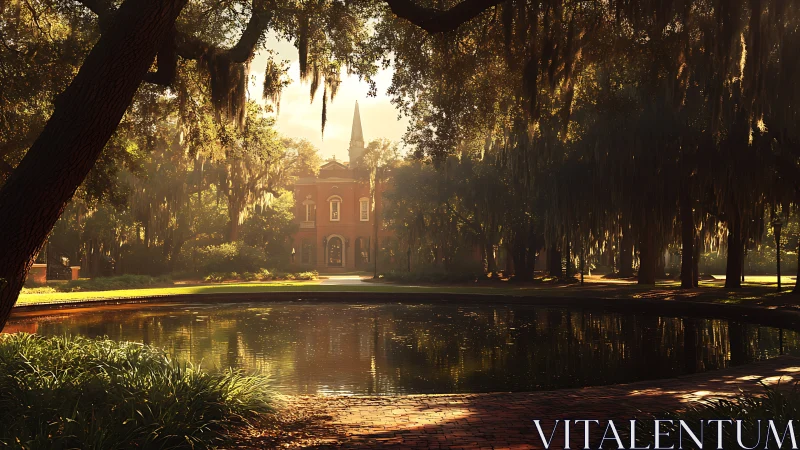 Morning light silhouettes a historic brick manor across a pond