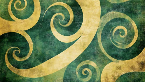 Golden swirling spirals overlay distressed green background