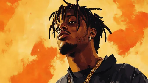Stylized hip-hop portrait with bold orange cloud backdrop.