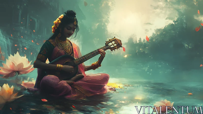 Lotuswater raga weaver in mistlit temple lagoon dreamscape.