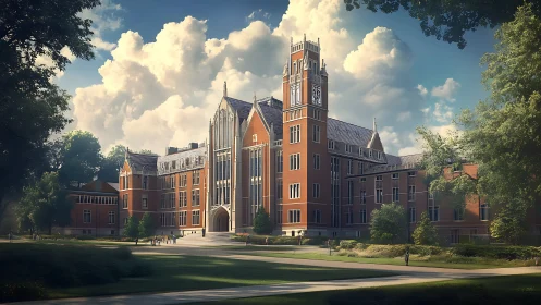 Sunlit neo-Gothic campus hall under towering summer clouds.