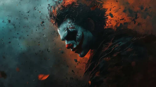 Moody clown portrait in swirling red and teal haze.