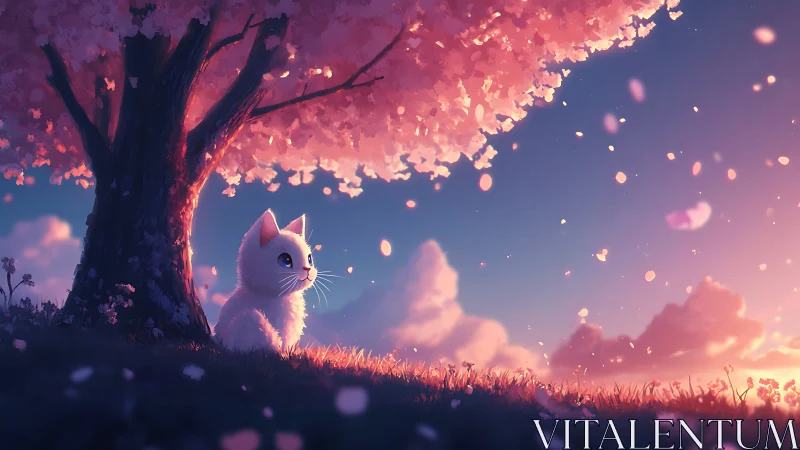 Stargazing cherry blossom kitten under a cotton candy sky.