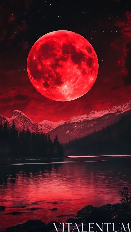 Blood-red supermoon over alpine lake under starry sky.