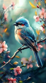 Blue songbird on flowering branch in soft spring light.