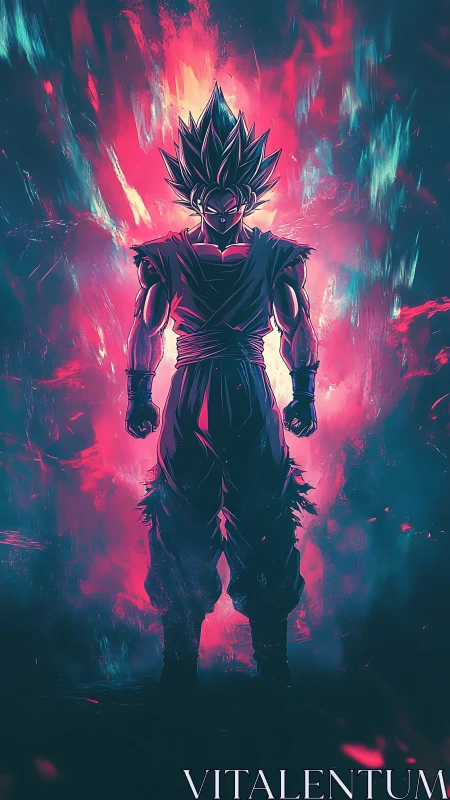 Powerful anime warrior silhouette in neon energy aura.