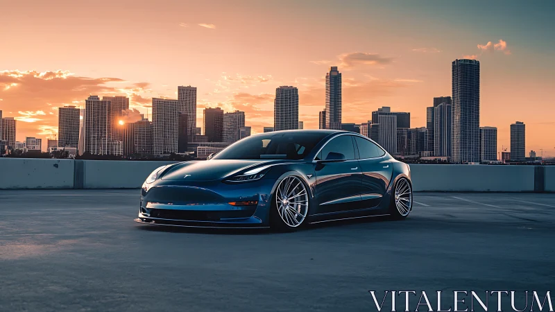 Electric sedan on rooftop with highrise skyline at sunset.