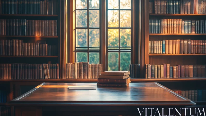 Sunlit mahogany study desk in classical book-lined library.
