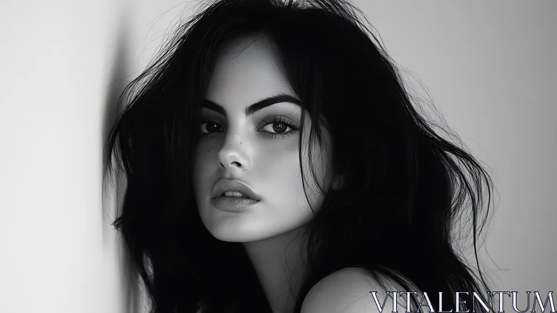 Monochrome muse gazes through shadow and soft grey silence.