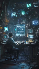 Solitary hacker codes in dense neon-lit cyberpunk bunker