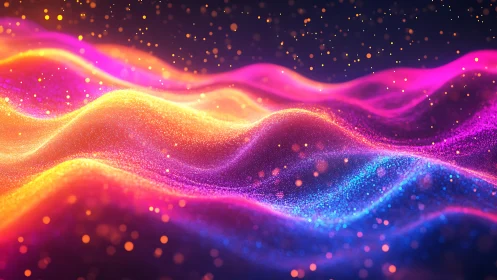Vibrant neon particle waves glow across abstract landscape