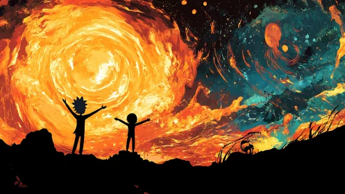 Silhouetted observers confront swirling bifurcated cosmic vortex sky