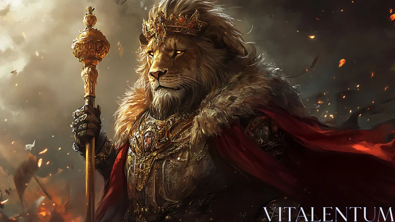 Regal lion monarch in baroque fantasy battlefield portrait.