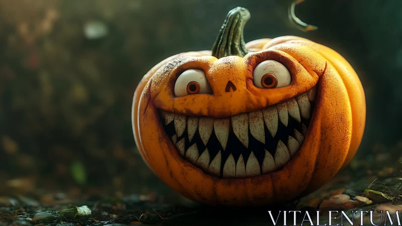 Grinning Halloween pumpkin with wildly mischievous charm.