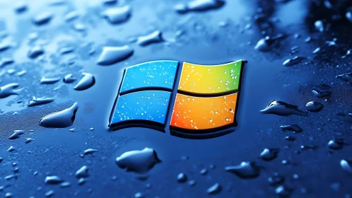 Windows logo rendered on wet reflective blue surface.