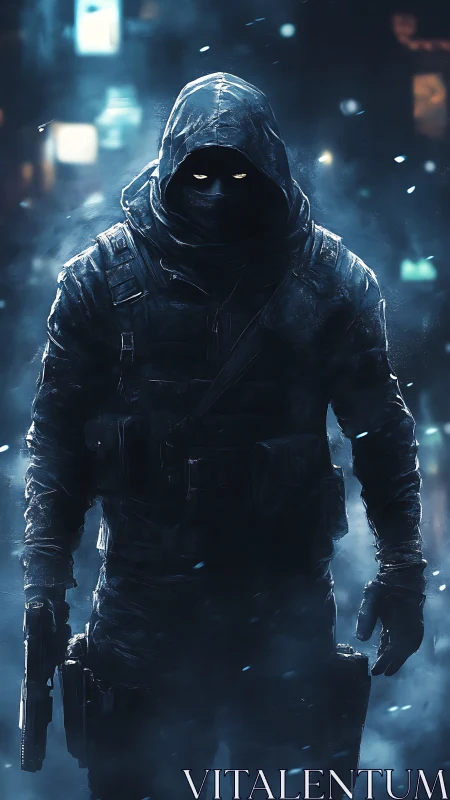 Cyberpunk hooded operative in neon blizzard silhouette study.