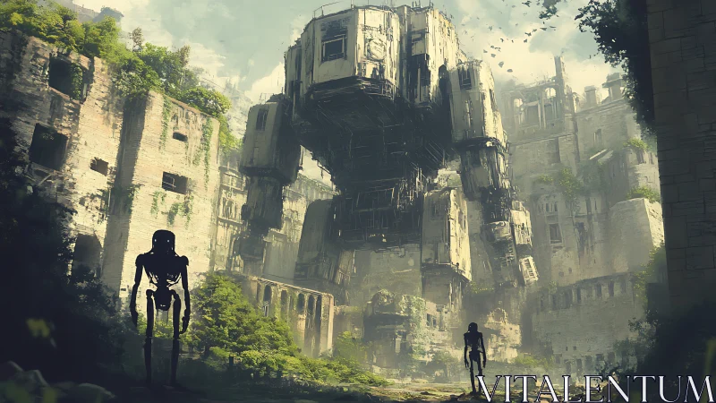 Towering jungle mech watches over crumbling stone ruins