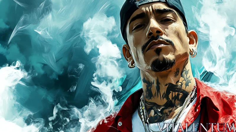 Tattooed streetwear portrait in teal smoke digital painting