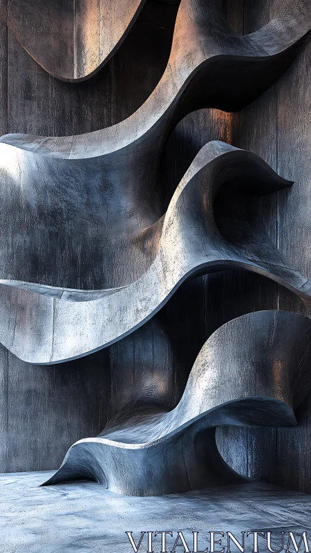 Steel river staircase curls through a silent blue chamber.