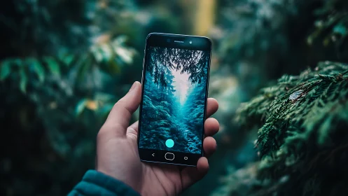 Forest path framed on a phone screen in soft teal light.