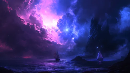 Fantasy seascape with glowing storm clouds and sailing boats.