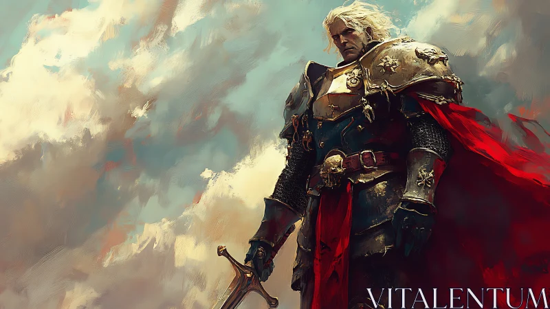 Steel-clad paladin beneath storm-kissed sky, crimson cloak.