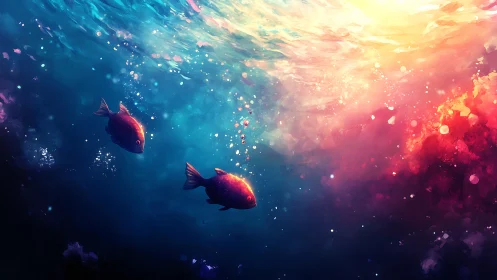 Bokeh‑lit tropical fish under refracted multicolor surface gradient