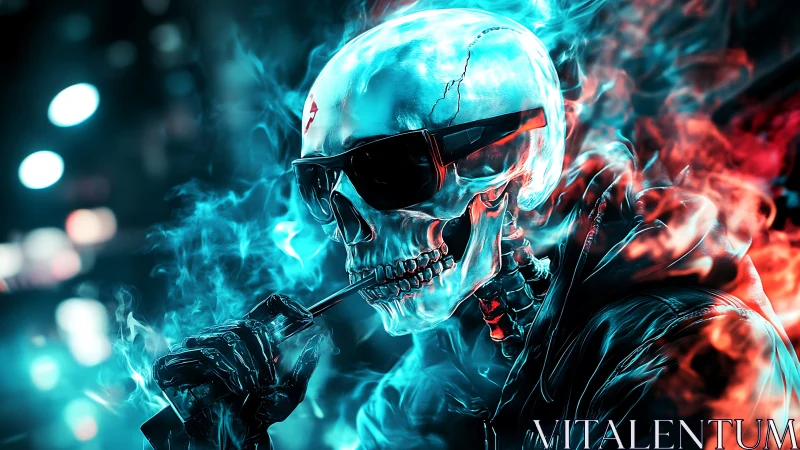 Neon-lit cyber skull enjoys a cool moment in glowing smoke