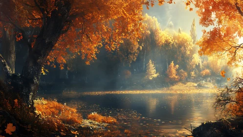 Autumn Riverscape with Luminous Foliage and Golden Hour Atmospheric Depth.