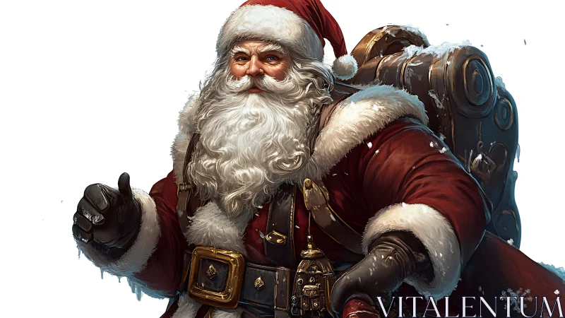 Jolly winter wanderer Santa with a pack full of wonder.